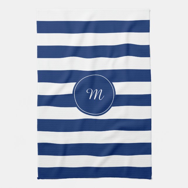 Monogram Royal Blue Striped Tea Towel (Vertical)