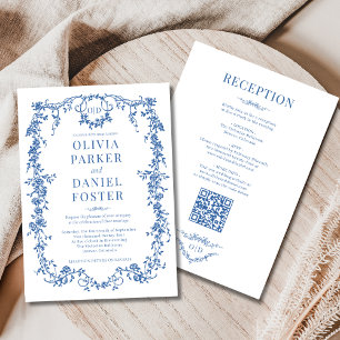 Monogram Royal Blue Victorian All in One Wedding Invitation