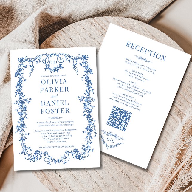 Monogram Royal Blue Victorian All in One Wedding Invitation (Creator Uploaded)
