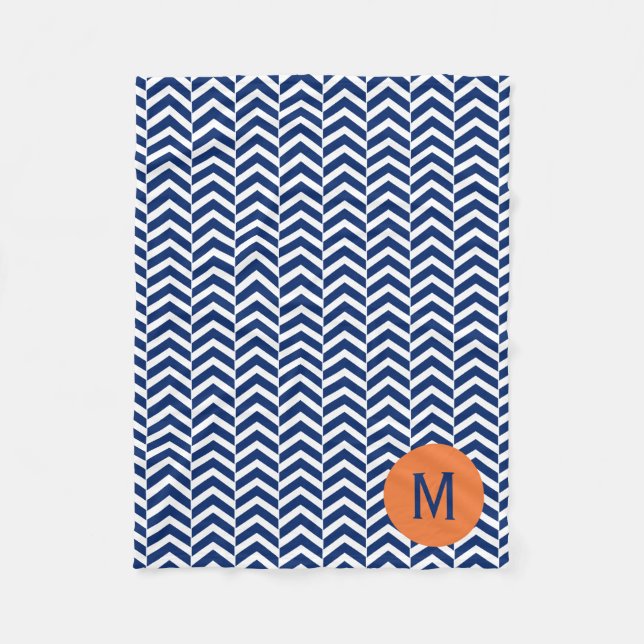 Monogram Royal Blue with Orange Chevron Pattern Fleece Blanket (Front)