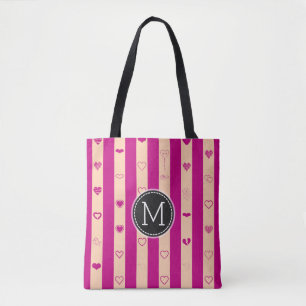 Monogram Royal Fuchsia Stripe Modern Heart Pattern Tote Bag