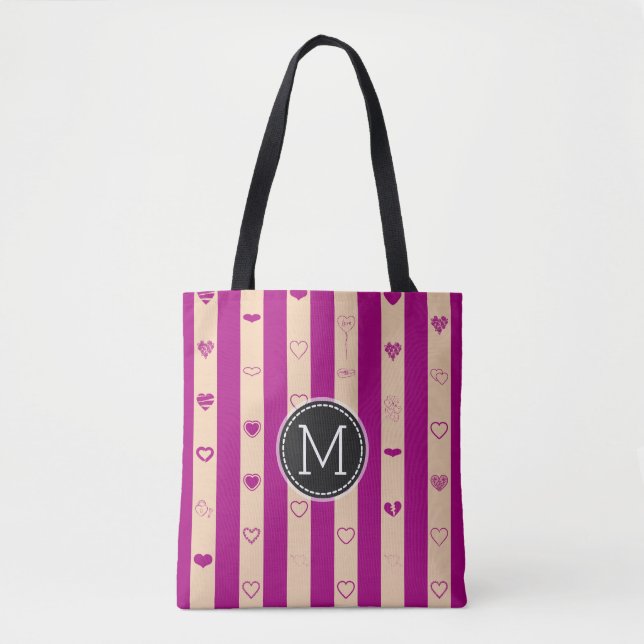 Monogram Royal Fuchsia Stripe Modern Heart Pattern Tote Bag (Front)