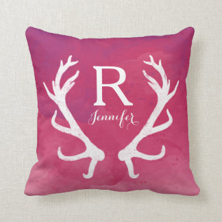 Monogram Rustic Antlers Watercolor Bright Pink Cushion