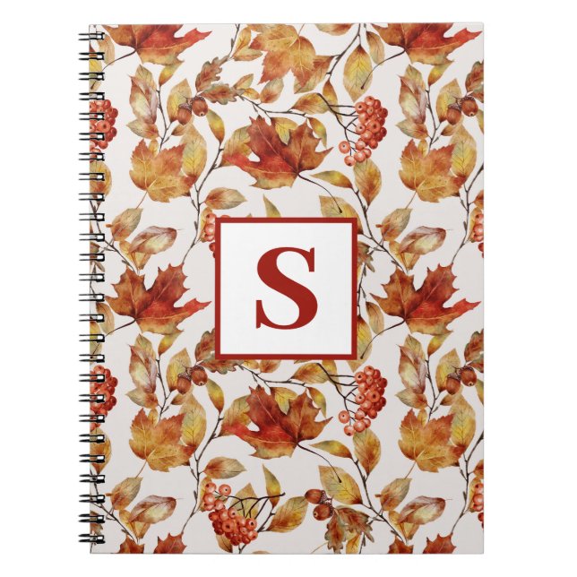 Monogram Rustic Autumn Leaf  Notebook (Front)