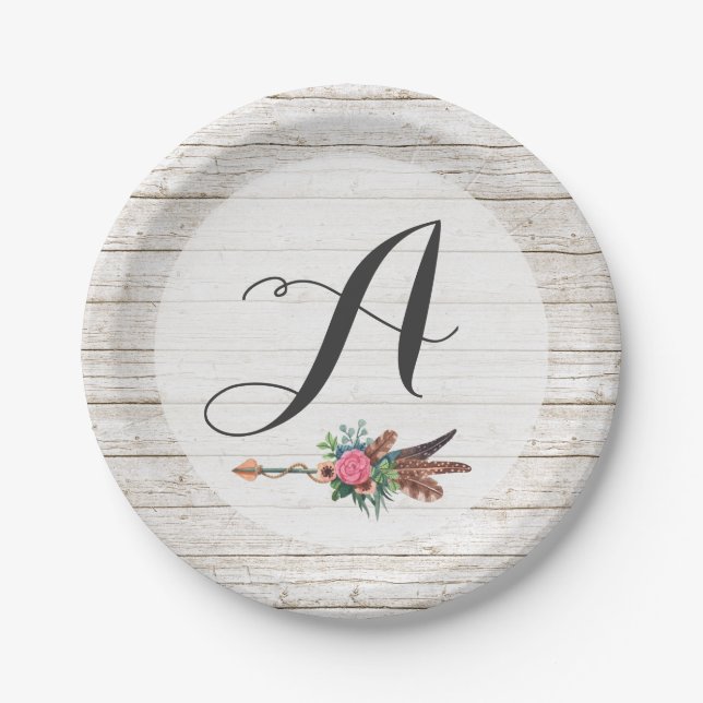 Monogram Rustic Bohemian Feathers Arrow Wedding Paper Plate (Front)