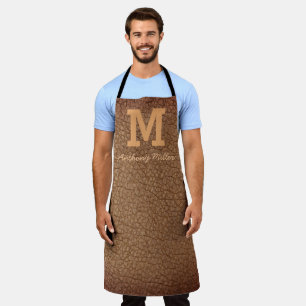 Monogram Rustic Brown Leather Name Script Modern Apron