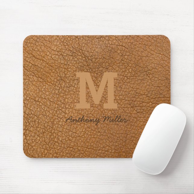 Monogram Rustic Brown Leather Name Script Modern Mouse Pad (With Mouse)