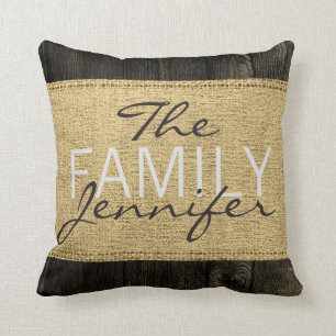 Monogram Rustic Burlap Black Wood Look Cushion