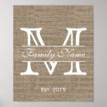 Monogram Rustic Burlap Family Name Poster<br><div class="desc">Monogram Rustic Burlap Family Name Posters.</div>