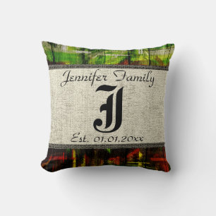 Monogram Rustic Burlap Paint Wood Look #5 Cushion