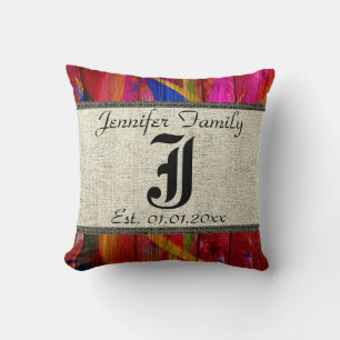 Monogram Rustic Burlap Paint Wood Look #6 Cushion