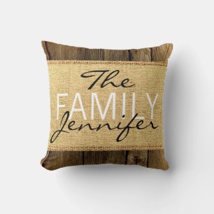 Monogram Rustic Burlap Vintage Wood Look Cushion