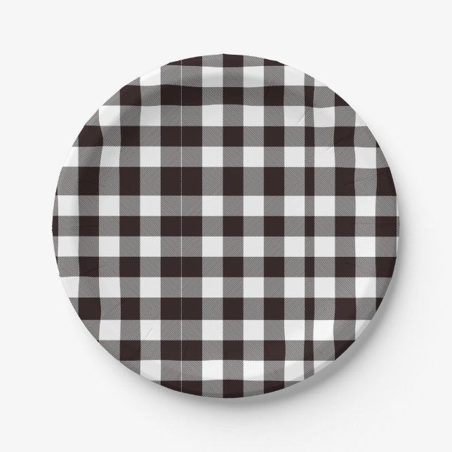 Monogram Rustic Chic Brown and White Plaid Paper Plate (Front)