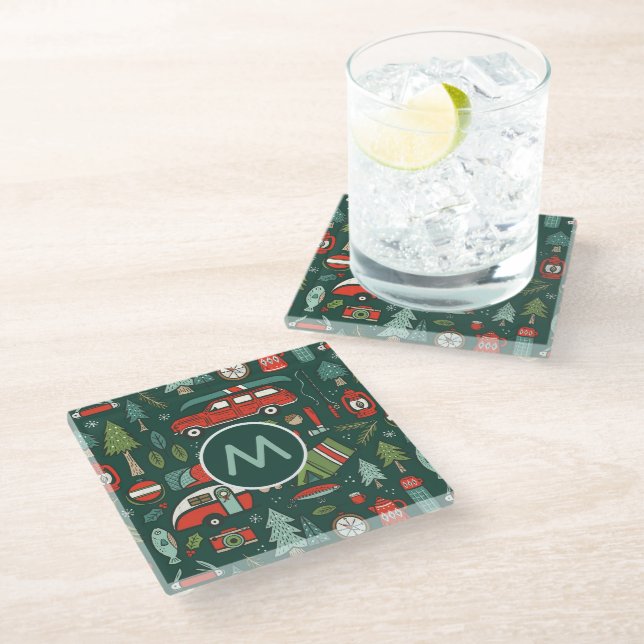 Monogram Rustic Christmas Camping Glass Coaster (Angled)