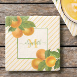 Monogram rustic citrus oranges watercolor stripes  stone coaster<br><div class="desc">Relax with your favourite beverage and protect your furniture with this beautiful, chic, simple, modern, custom monogram name stone coaster. Fresh watercolor oranges and green leaves, along with grass green handwritten script typography, overlay a light orange yellow pinstripe pattern. Personalise with your name and monogram initial. Makes a stylish statement...</div>