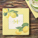 Monogram rustic country lemon watercolor polka dot stone coaster<br><div class="desc">Relax with your favourite beverage and protect your furniture with this beautiful, chic, simple, modern, custom monogram name stone coaster. Fresh, rustic, country watercolor lemons and green leaves, along with grass green handwritten script typography, overlay white polka dots on a light yellow background. Personalise with your name and monogram initial....</div>