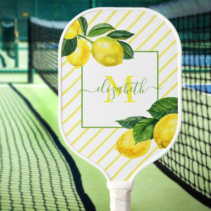 Monogram rustic country lemons watercolor stripes pickleball paddle