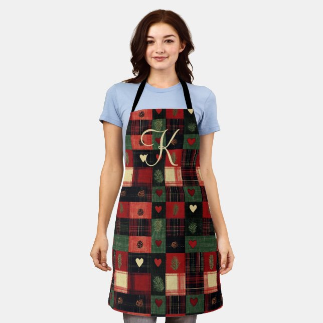 Monogram Rustic Country Red Green Plaid Hearts  Apron (Worn)