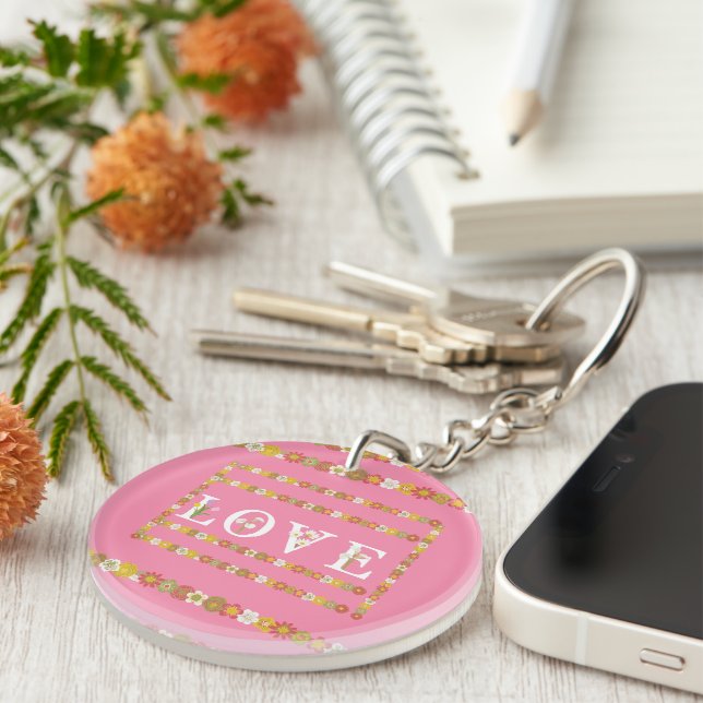 Monogram Rustic Daisy Floral Pink  Key Ring (Front Right)