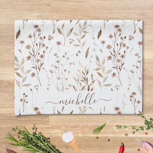 Monogram Rustic Elegant Brown Wildflowers Leaves Tea Towel