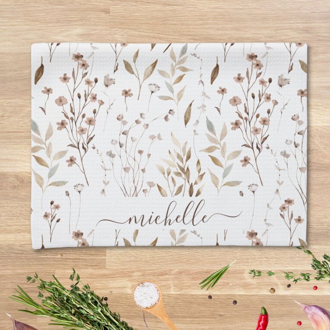 Monogram Rustic Elegant Brown Wildflowers Leaves Tea Towel (In situ)