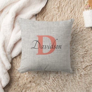 Monogram Rustic Grey Linen fabric Throw Pillow