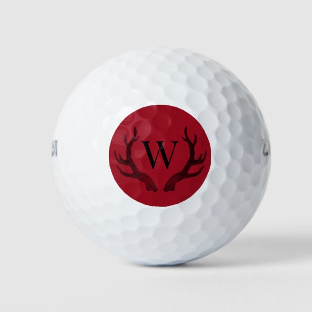 Monogram Rustic Red Black Antlers Golf Balls (Front)
