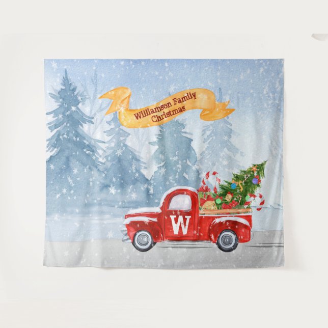 Monogram Rustic Red Christmas Truck Snow Backdrop Tapestry (Front (Horizontal))
