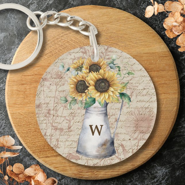 Monogram Rustic Sunflower Vintage Letter Decoupage Key Ring (In situ)