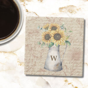 Monogram Rustic Sunflower Vintage Letter Decoupage Stone Coaster