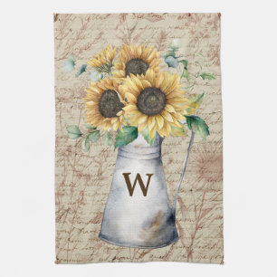 Monogram Rustic Sunflower Vintage Letter Decoupage Tea Towel