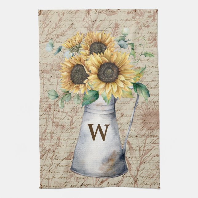 Monogram Rustic Sunflower Vintage Letter Decoupage Tea Towel (Vertical)