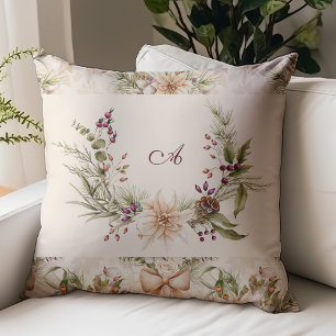 Monogram Rustic Watercolor Botanical Christmas Cushion
