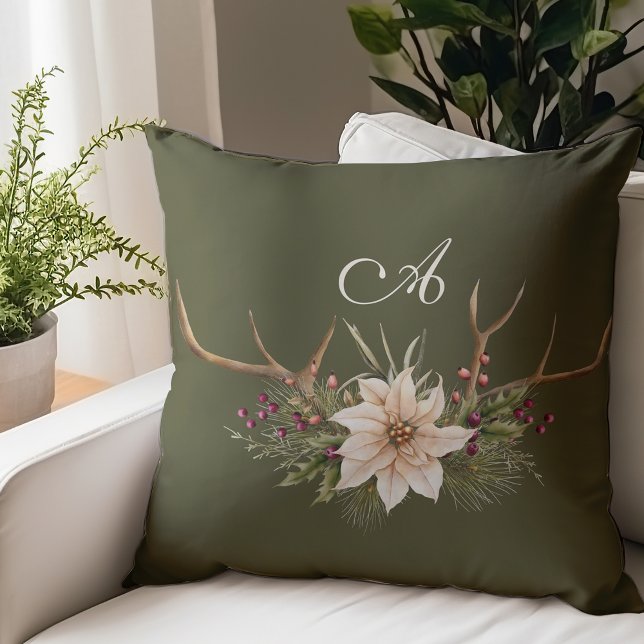 Monogram Rustic Watercolor Botanical Christmas Cushion (Creator Uploaded)