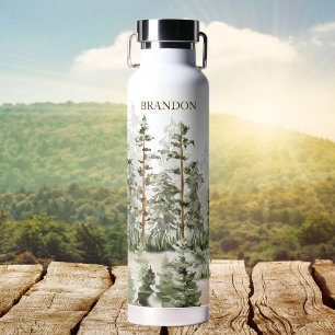 Monogram Rustic Watercolor Green Forest Water Bottle