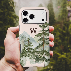 Monogram Rustic Watercolor Pine Forest & Mountain 