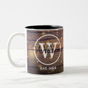 Monogram Rustic Wood Elegant Script Personalised Two-Tone Coffee Mug