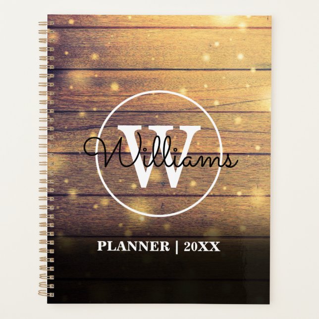 Monogram Rustic Wood Elegant Script Planner (Front)