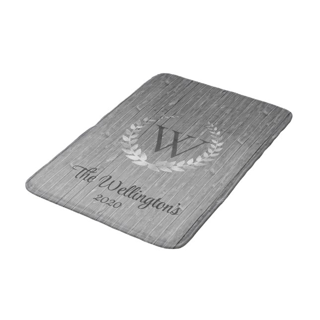 Monogram Rustic Wood Family Name Bath Mat (Angled)
