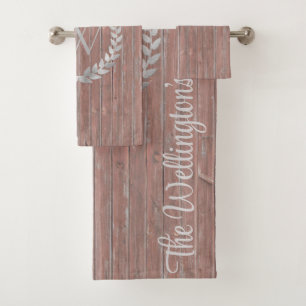 Monogram Rustic Wood Family Name Bath Towel Set