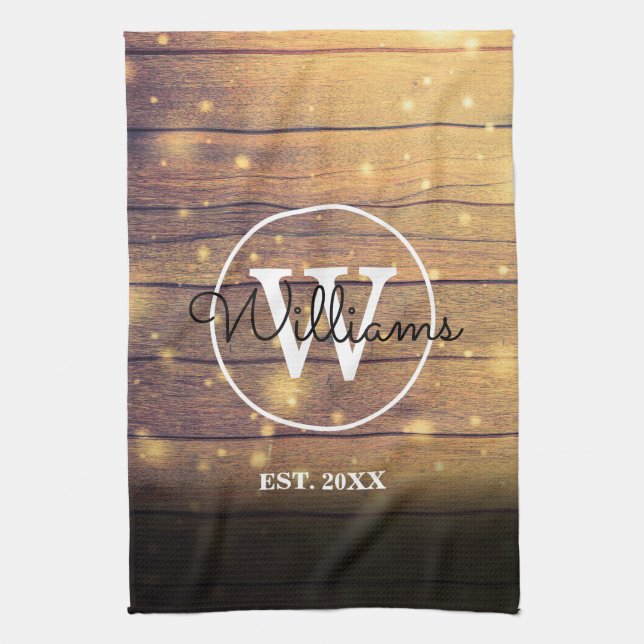 Monogram Rustic  Wood Panels Script Tea Towel (Vertical)
