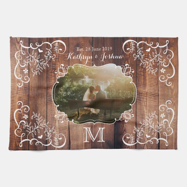 Monogram Rustic Woodland Wedding Photo Wood Panel Tea Towel (Horizontal)