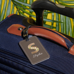 Monogram S brown wood letter flower Luggage Tag