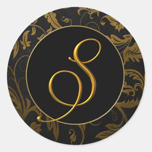 Monogram S Gold and Black Damask Wedding Seal (Front)