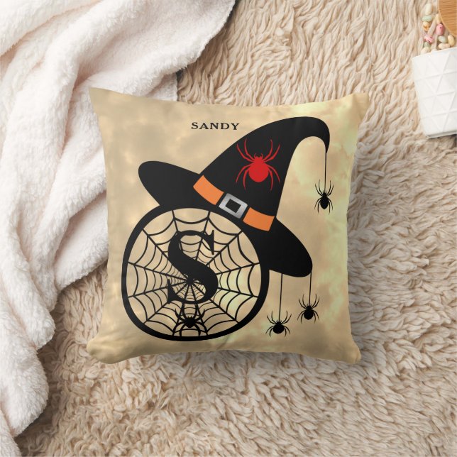 Monogram S Halloween Sky Witch Spiders Name Cushion (Blanket)