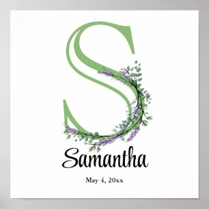 Monogram S Lavender Eucalyptus nursery Poster