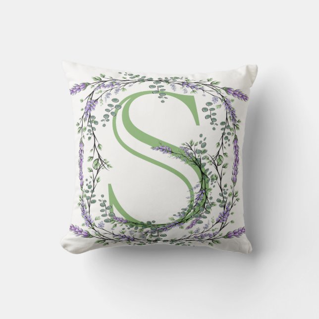Monogram S, Lavender Eucalyptus watercolor floral  Cushion (Front)