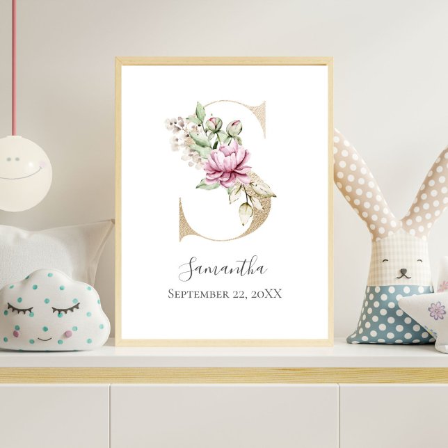 Monogram S Pink White Floral Gold Letter Nursery  Poster (Gold Monogram Letter S, Pink Watercolor Florals Nursery wall Art)
