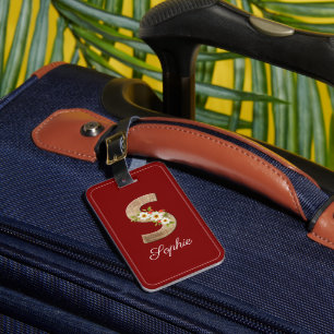 Monogram S red wood letter flower Luggage Tag