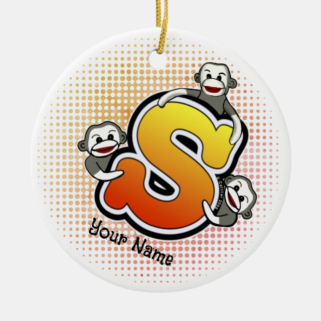Monogram S Sock Monkey  Ceramic Tree Decoration (Front)